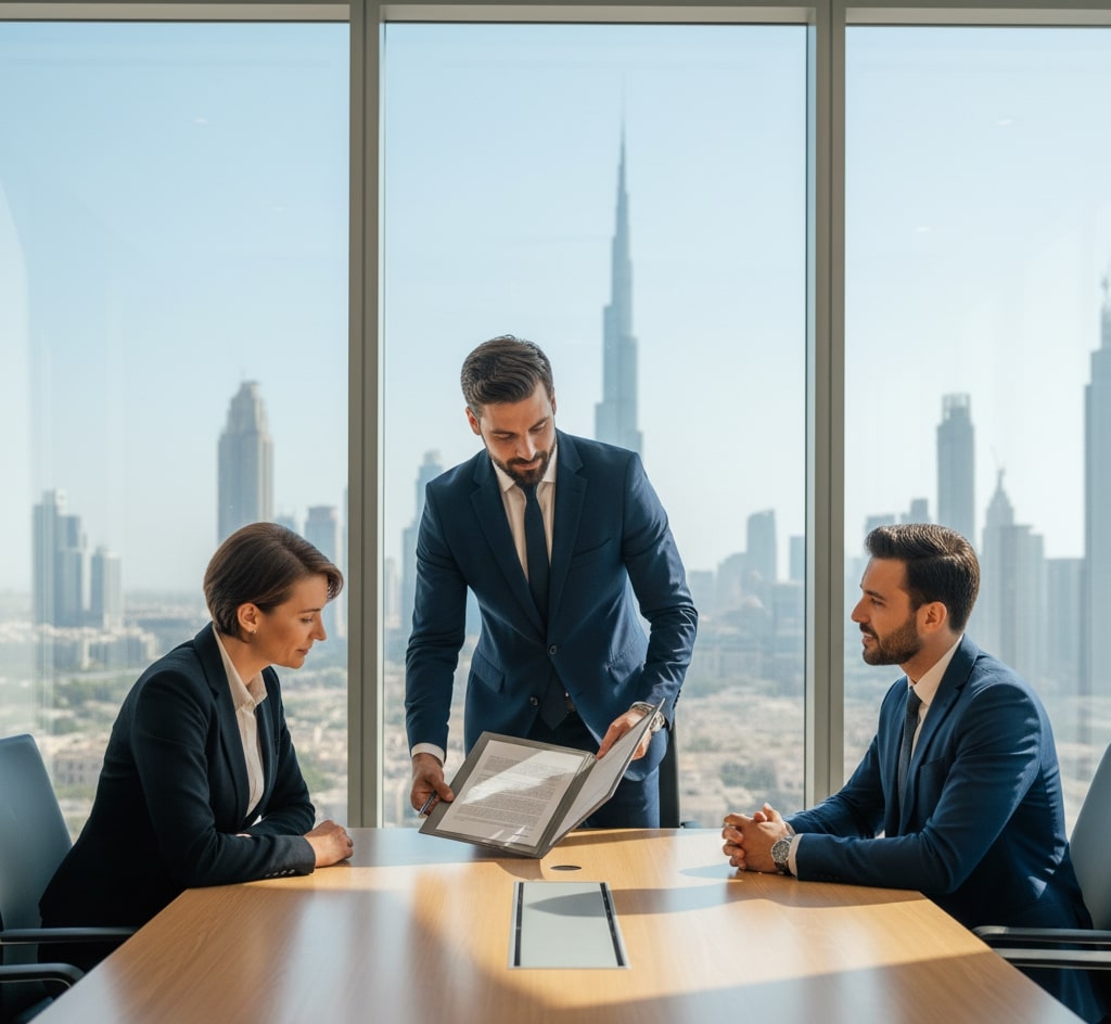 Modern Dubai office with a business consultant explaining setup documents to clients, showing professionalism and trust