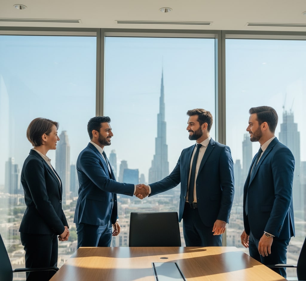 A professional business setup consultant team in Dubai shaking hands in a modern office with city skyline in background — bright daylight, corporate tone