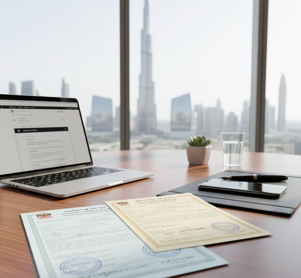 Elegant office desk with trade license papers, laptop, and Dubai skyline view symbolizing business registration services