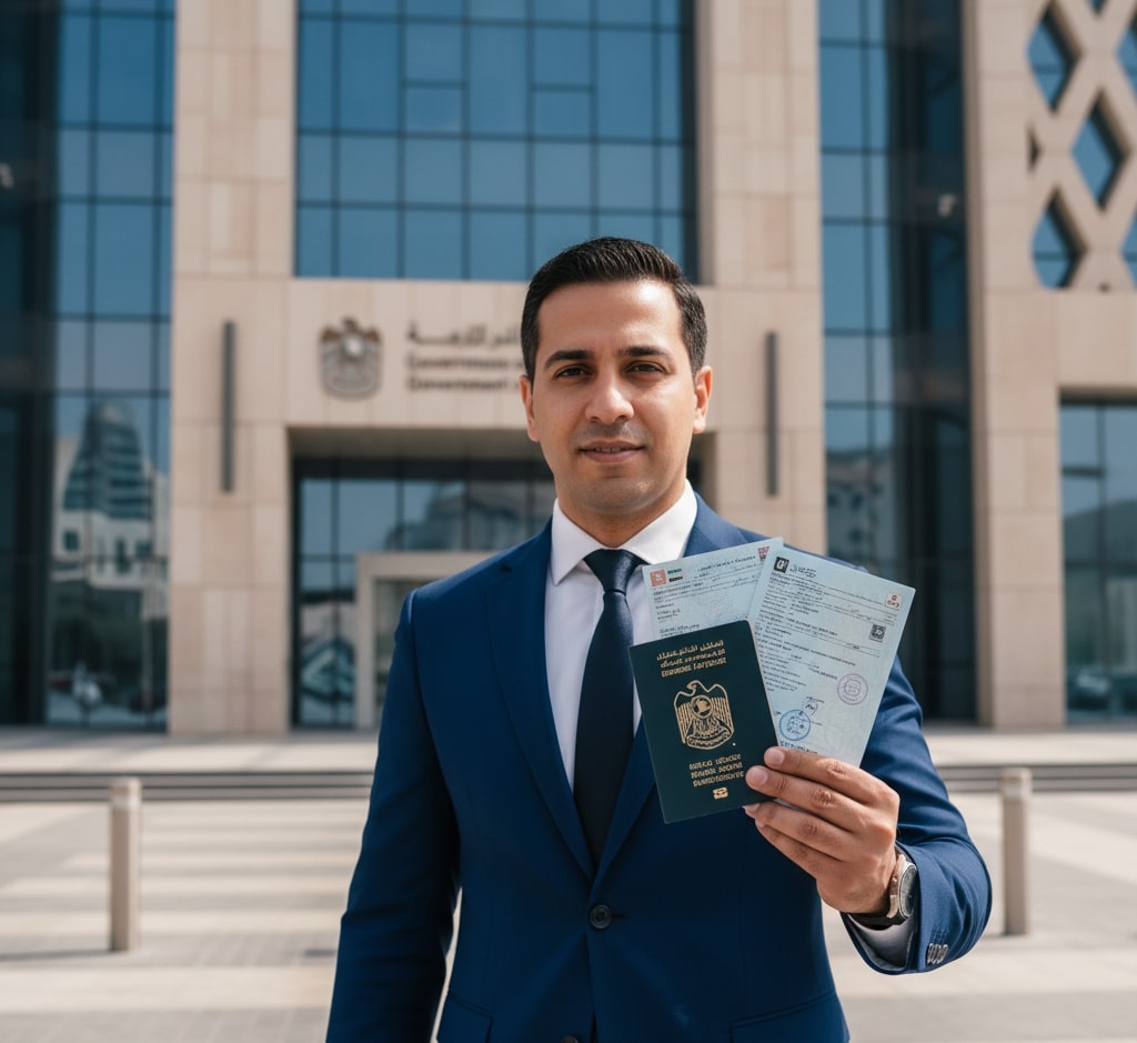 Businessman holding UAE visa documents near government center, clean corporate background