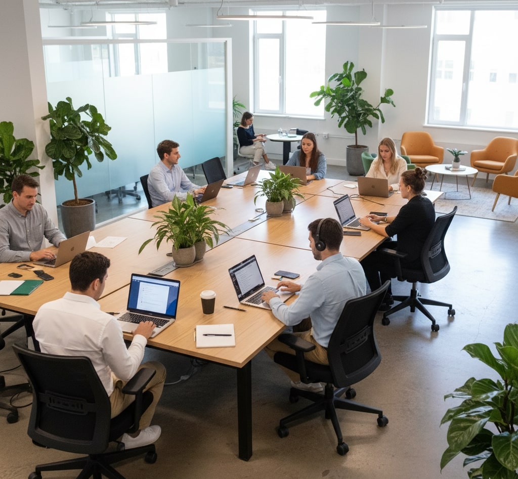 Modern coworking office space with desks, plants, and laptops showing flexible office setup